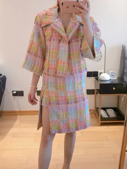 Office Ladies Elegant Mixed Colors Lattice Tweed Jacket Skirt 2 Piece Set Fashion Short Coat Split Skirts Women Matching Sets