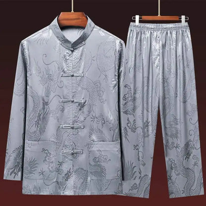 Men's Long Sleeve Ice Silk Tai Chi Suit Traditional Chinese Hanfu Vintage Style Tang Costume Elderly Fashion Dad's Clothing