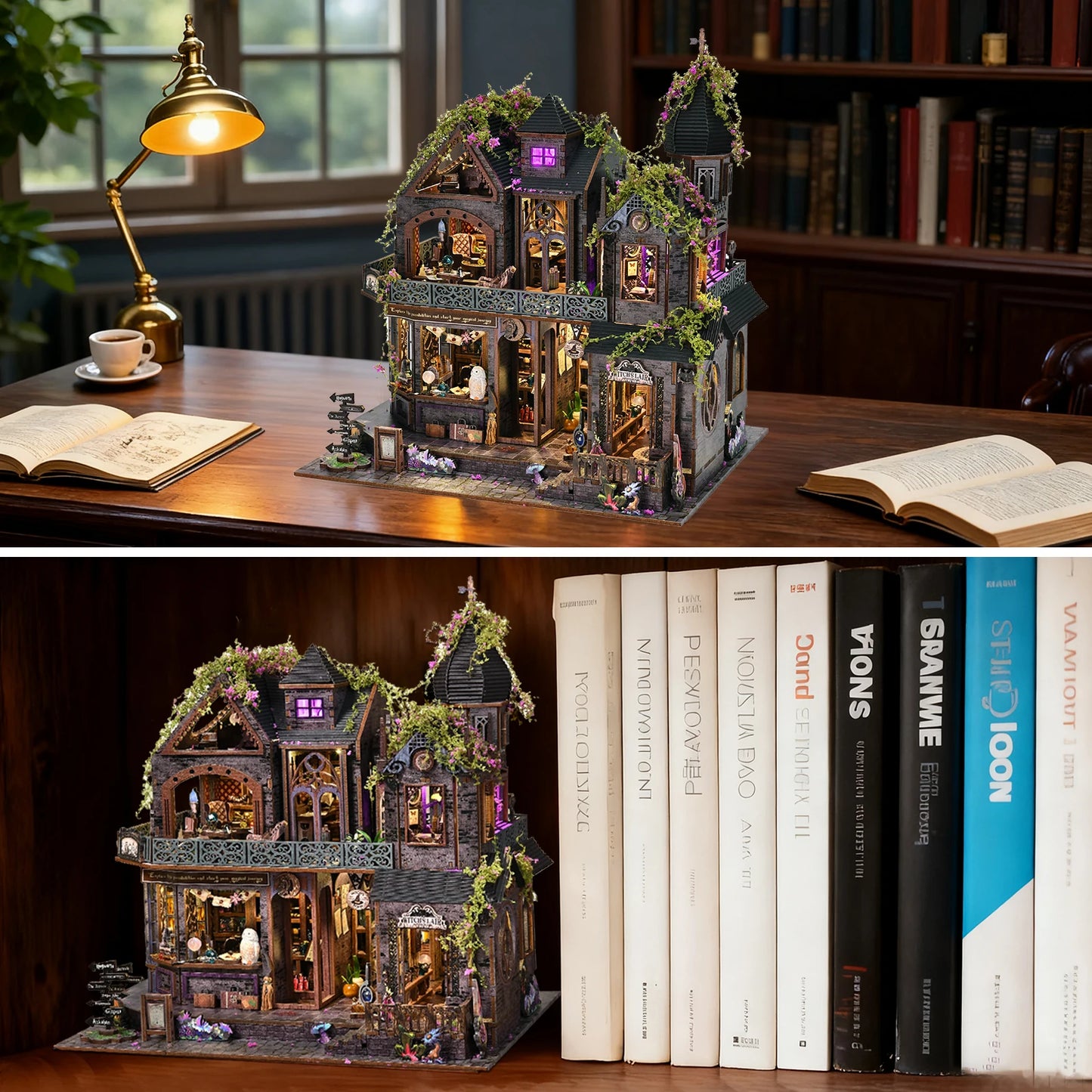 Magic Castle Book Nook Kit 3D DIY Wooden Puzzle Handmade Bookshelf Dollhouse Model Bookend Building Home Decor