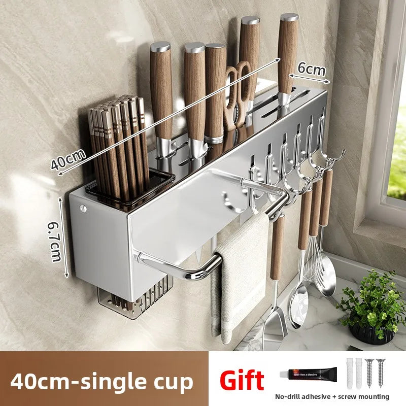 Stainless Steel Kitchen Knife Holder Wall Mounted No Drilling Multi-Function Chopsticks And Kitchen Knife Storage Rack