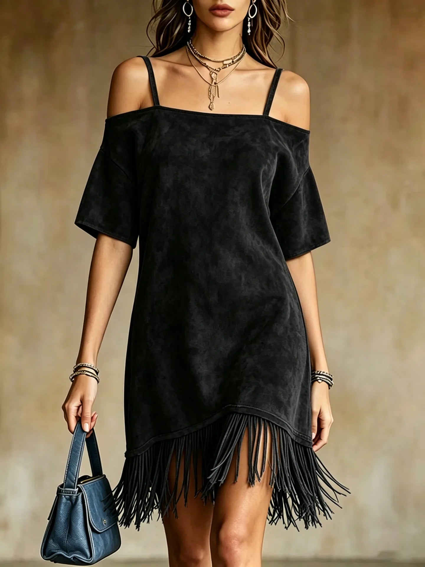 Casual Solid Color Suede Mini Dress Women Off Shoulder Spaghetti Strap Loose Fit Tassel Hem Elegant Daily Wear Chic Sundresses