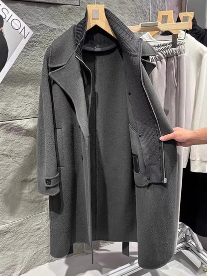 Business Men Winter Work Double Sided Woolen Detachable Knitted Collar Trench Coat Belt Double Breasted Wool Blends Windbreaker