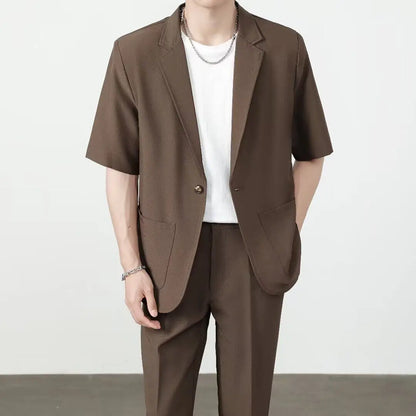 Summer Thin Ice Silk Drapey Suit Set Men's Short Sleeve Jacket Lightweight Casual Single-Breasted Suit Standard Fit Youth Trend