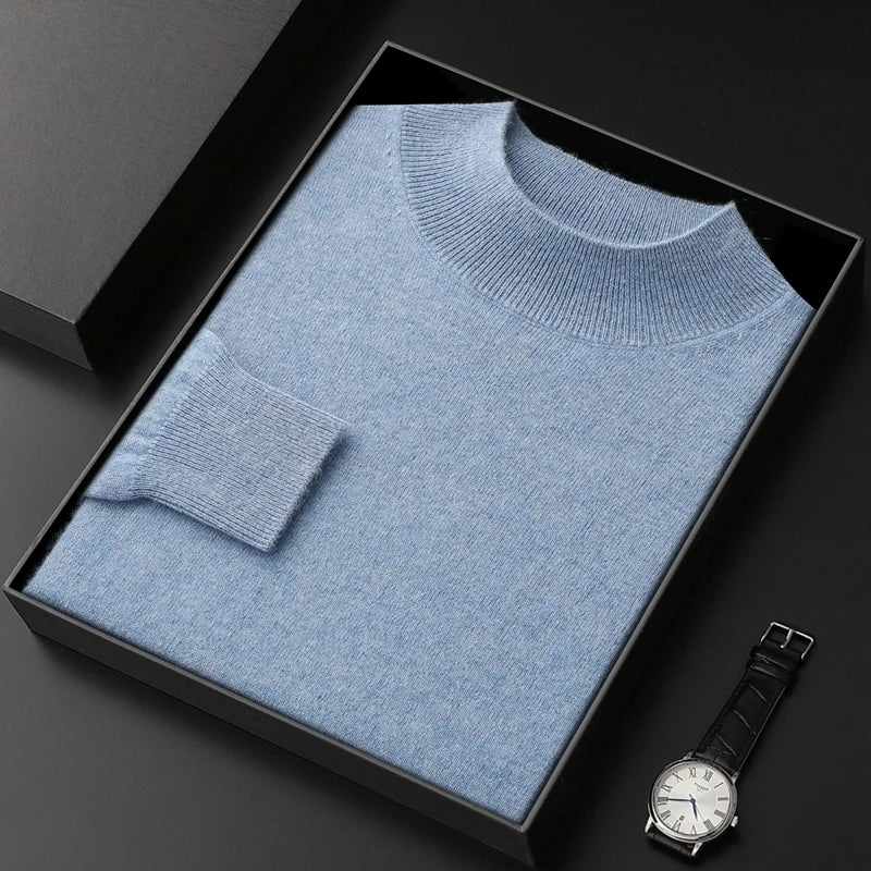 100% Pure Cashmere Sweater Men's Half High Collar Solid Color Pullover Fashion New Knit Undercoat  Autumn and Winter Long Sleeve