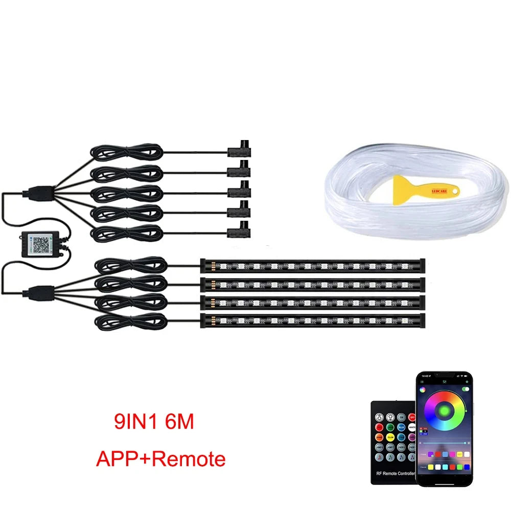 Neon LED Ambient Lighting Car 6in1 8m RGB LED Atmosphere Interior Strip Light Fiber Optic APP Control Auto LED Decorative Lamp