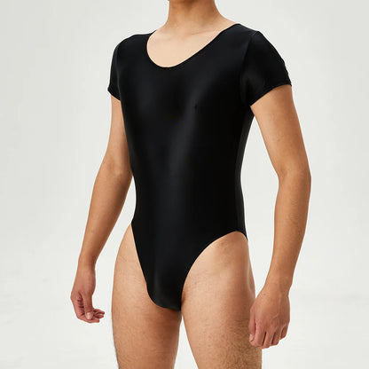 Men's Bodysuit Short Sleeve Oil Shiny High Cut Shapers Leotard Elastic Man Women Sexy Lingerie Jumpsuit Underwear