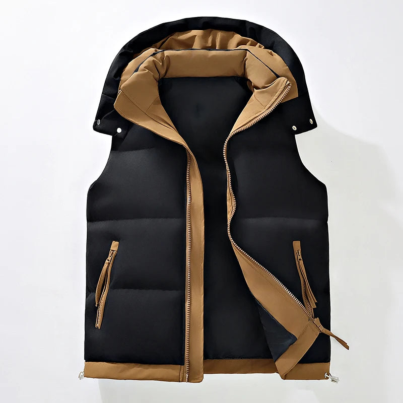 Men's Color-Block Puffer Vest with Removable Hood - Zip Closure & Flap Pockets, Water-Resistant Warm for Winter Casual Outfits