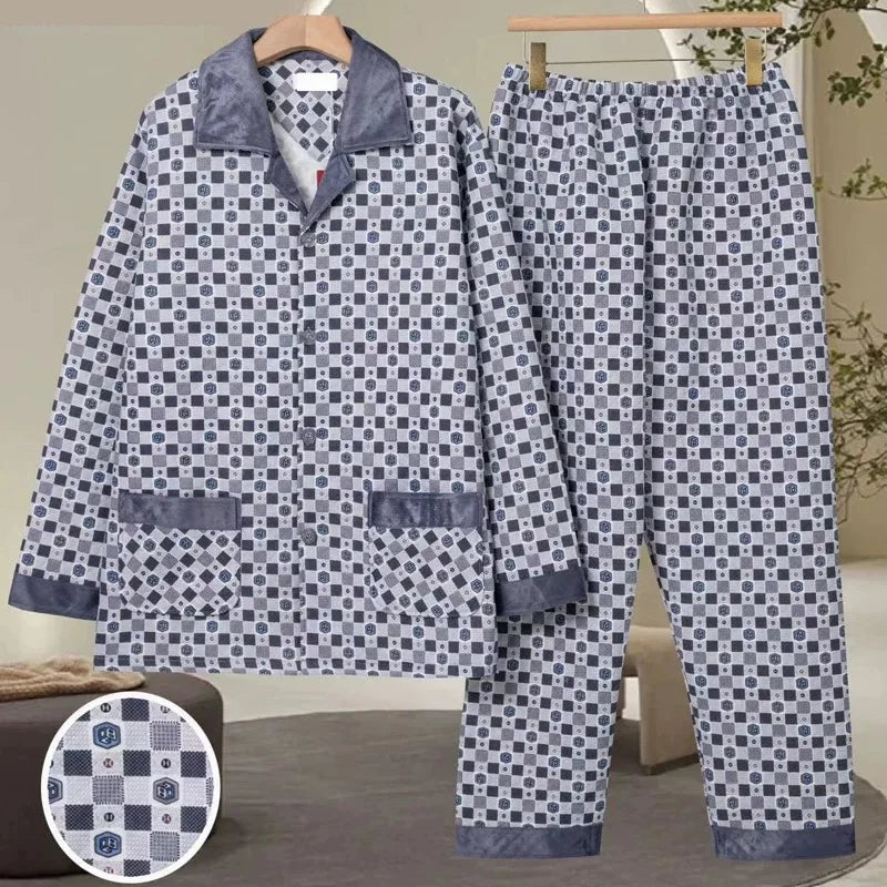 Thickened Loose Long Sleeve Air Layer Cotton Pajamas Set for Men Autumn Winter Home Clothes Set Warm Flannel Sleepwear for Mi...