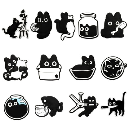 New 1-13pcs Cute Animal Black Cat PVC Garden Shoe Charms Sandal Buckle Boys Girls Cartoon Hole Slipper Accessories DIY Backpack