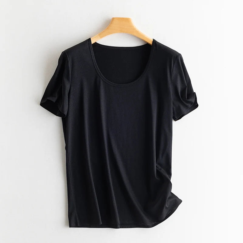 Summer Short Sleeve T-Shirt Women Tee Shirts Real Silk Linen Cotton T Shirt Women's Casual Tees V-neck Woman Tshirt Solid Tops