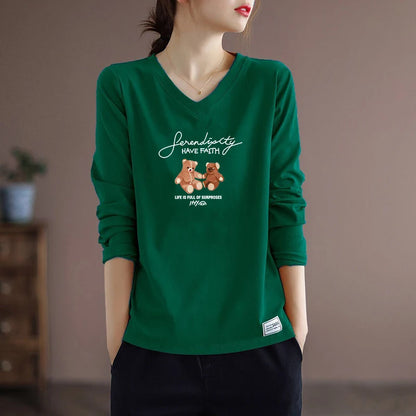Pure Cotton Long Sleeve Women's T-shirt Autumn Season Versatile Base Layer Top Commute Style Loose Fit Regular Thickness