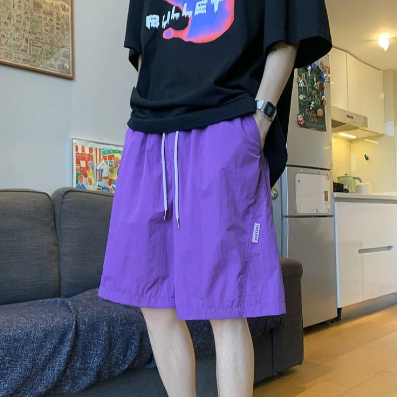 Men's American Style Quick Dry Shorts Summer Loose Fit Breathable Casual Shorts Youth Streetwear Lightweight Knee Pants