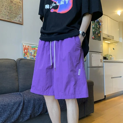 Men's American Style Quick Dry Shorts Summer Loose Fit Breathable Casual Shorts Youth Streetwear Lightweight Knee Pants