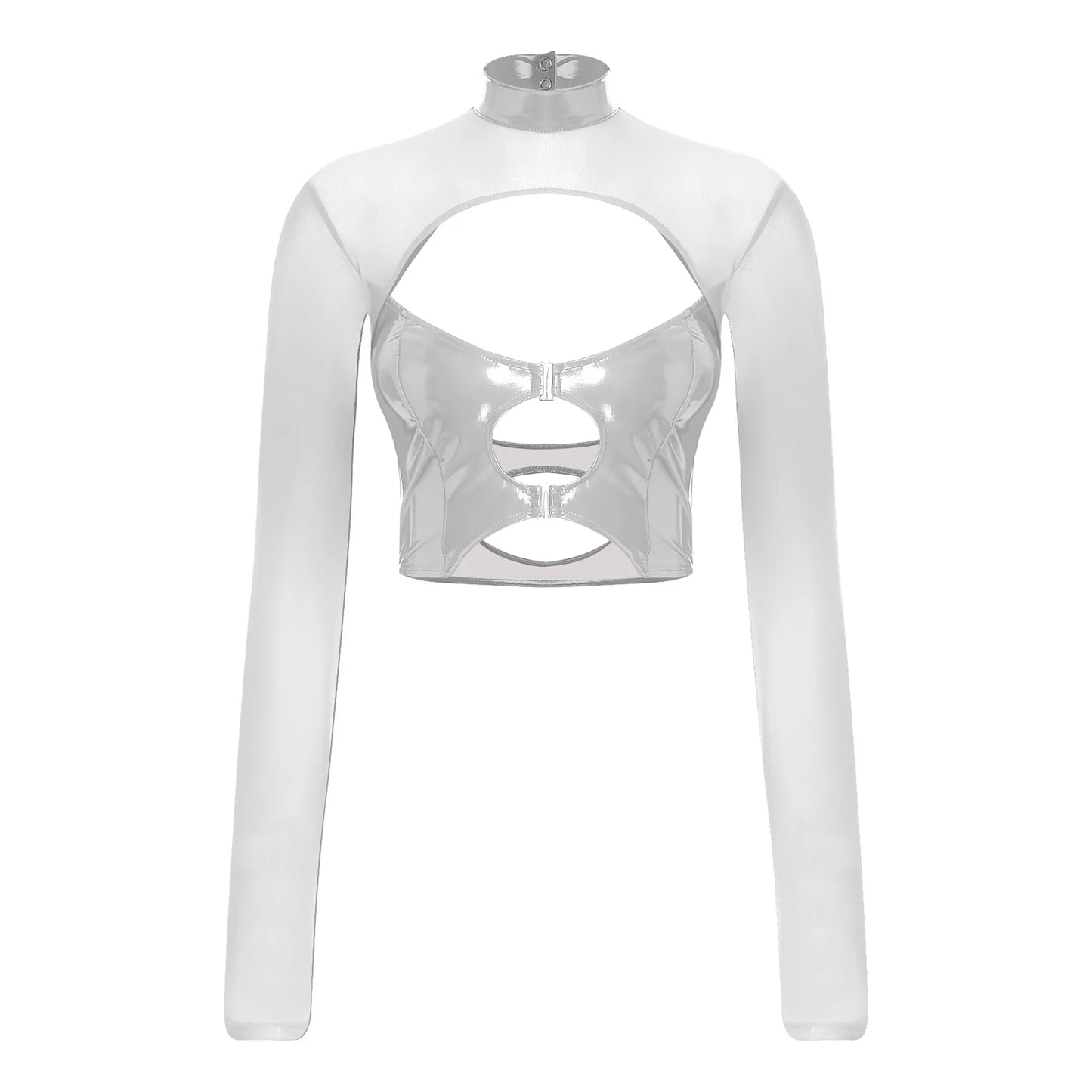Womens Sheer Mesh Leather Patchwork Crop Top Long Sleeve Hollow Out Slim Fit Glossy Blouse Tops for Halloween Party Raves Dance