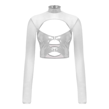 Womens Sheer Mesh Leather Patchwork Crop Top Long Sleeve Hollow Out Slim Fit Glossy Blouse Tops for Halloween Party Raves Dance