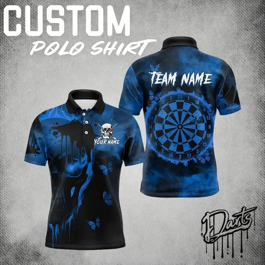 Custom Name Team Name Darts Polo Shirt Men 3D Skull Butterfly Blue Black All Over Print Quick Dry Sports Short Sleeve Golf Tops