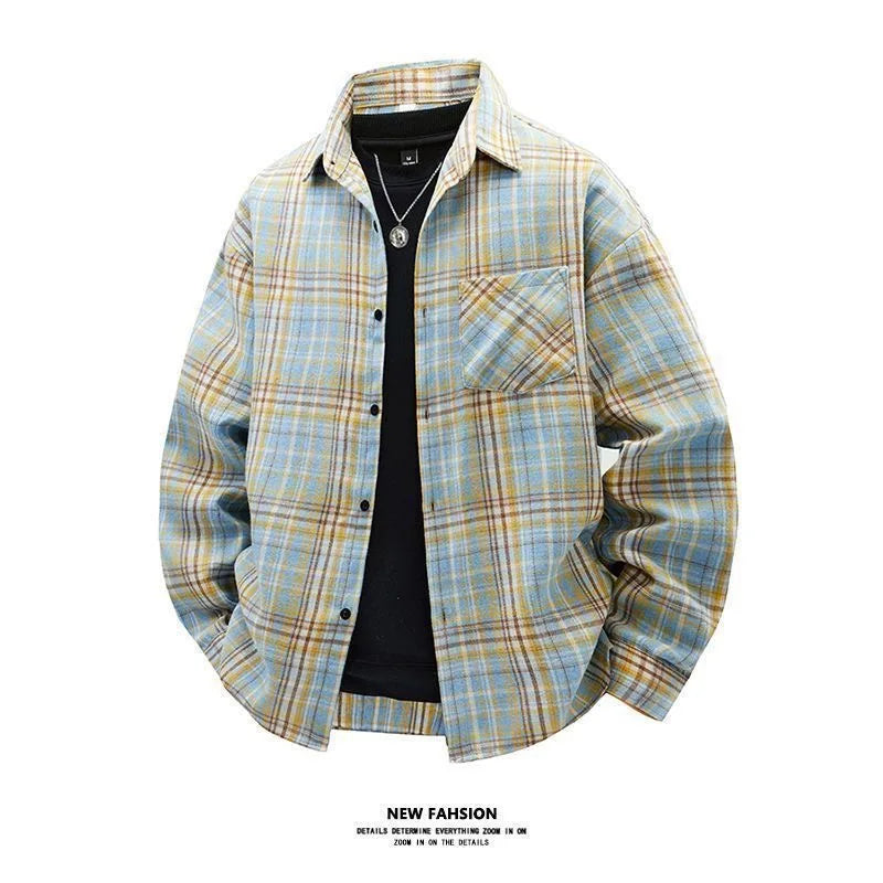 Japanese Style Plaid Long Sleeve Cotton Shirt Men's Retro Autumn Spring Outerwear Casual Loose Fit Print Shirt for Youth