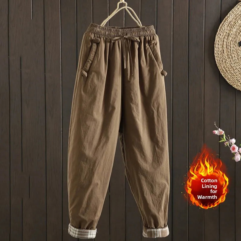 Retro  Color Cotton Filled Casual Loose Harem Pants Small Footed Trousers Winter Outerwear for Women plus Size
