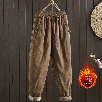 Retro  Color Cotton Filled Casual Loose Harem Pants Small Footed Trousers Winter Outerwear for Women plus Size