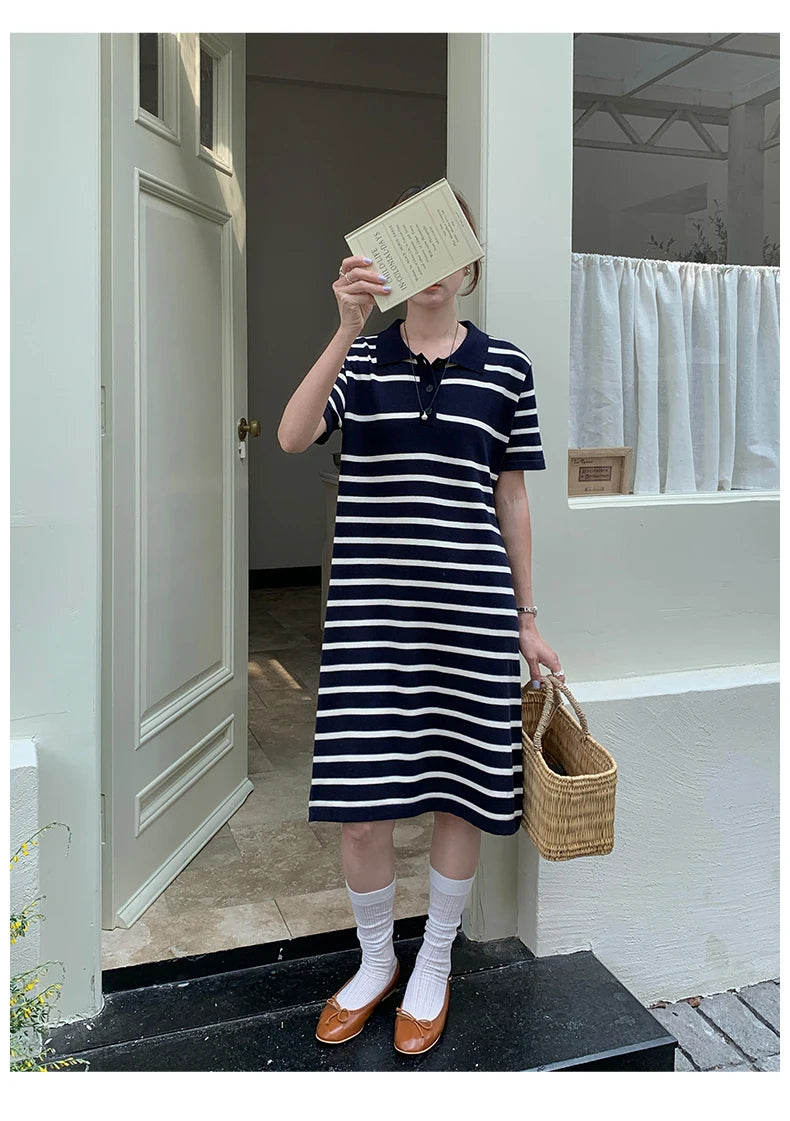 new Korean striped dress for women's summer, pure cotton straight tube mid length skirt