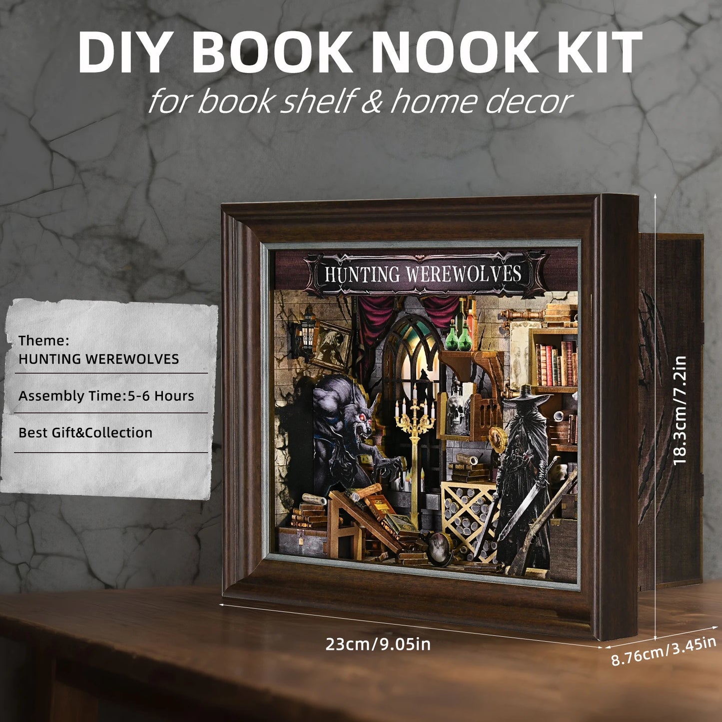 Book Nook Kit Werewolf Hunter DIY 3D Wooden Puzzle Dollhouse Photo Frame Ornament Model Bookend Building Home Decoration