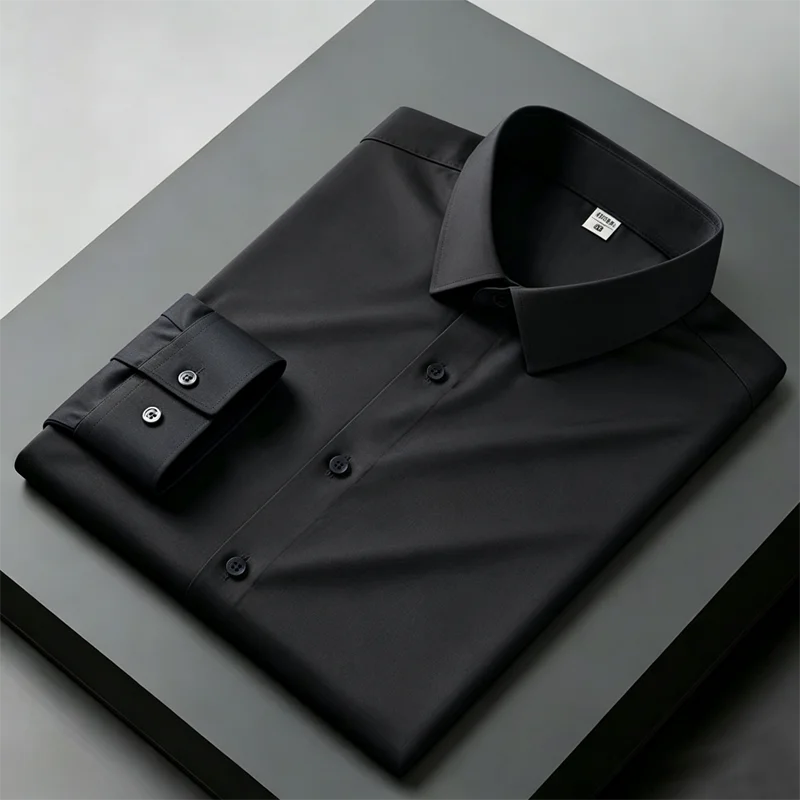 Black shirt men's long sleeved non ironing and wrinkle resistant solid color business casual men's spring shirt size