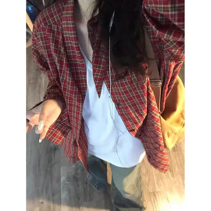 Red Plaid Loose Long Sve irt Women's Spring 2026 New Lazy Sle Coat Top Commute Pattern Button oulder Drop Length