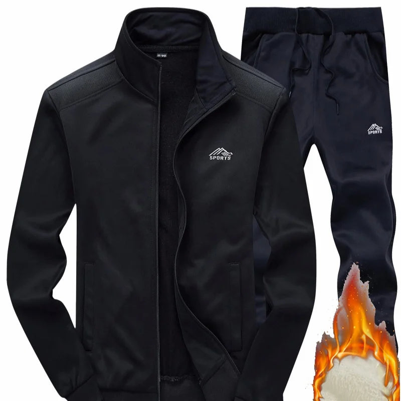 New Arrival Fleece-Lined Thicker Warm Adult Embroidered Cardigan Two-Piece Sports Set Men's Long Sleeve Pants Knit Casual Set