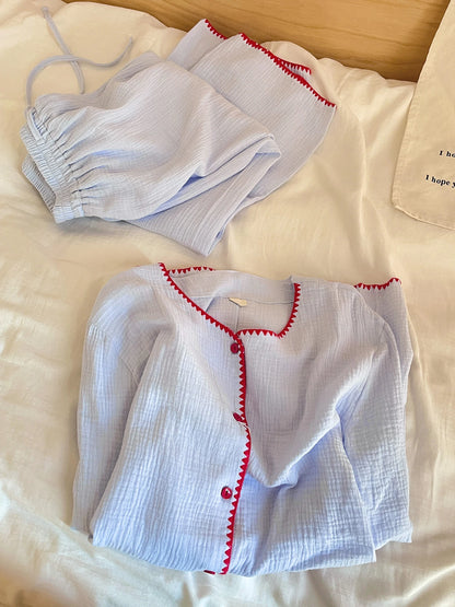 Casual Cotton Pajamas Long Sleeve Sleepwear Women's Spring Autumn Style Comfortable Home Clothes Set Wide Leg Pants Outfit