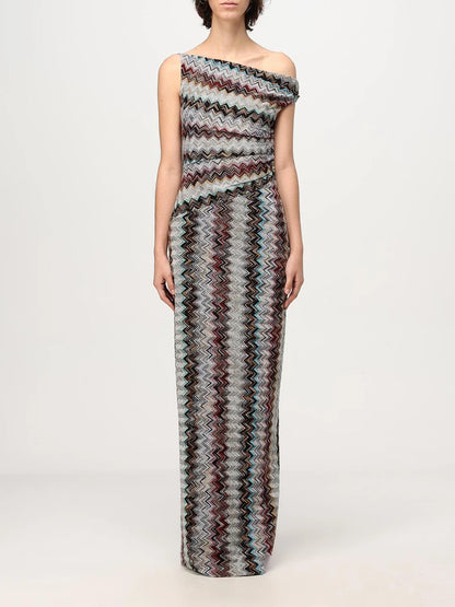 VGH Vacations Colorful Print Maxi Dress for Women Off One Shoulder Slimming Zigzag Design Asymmetrical Skirt for Casual Outings