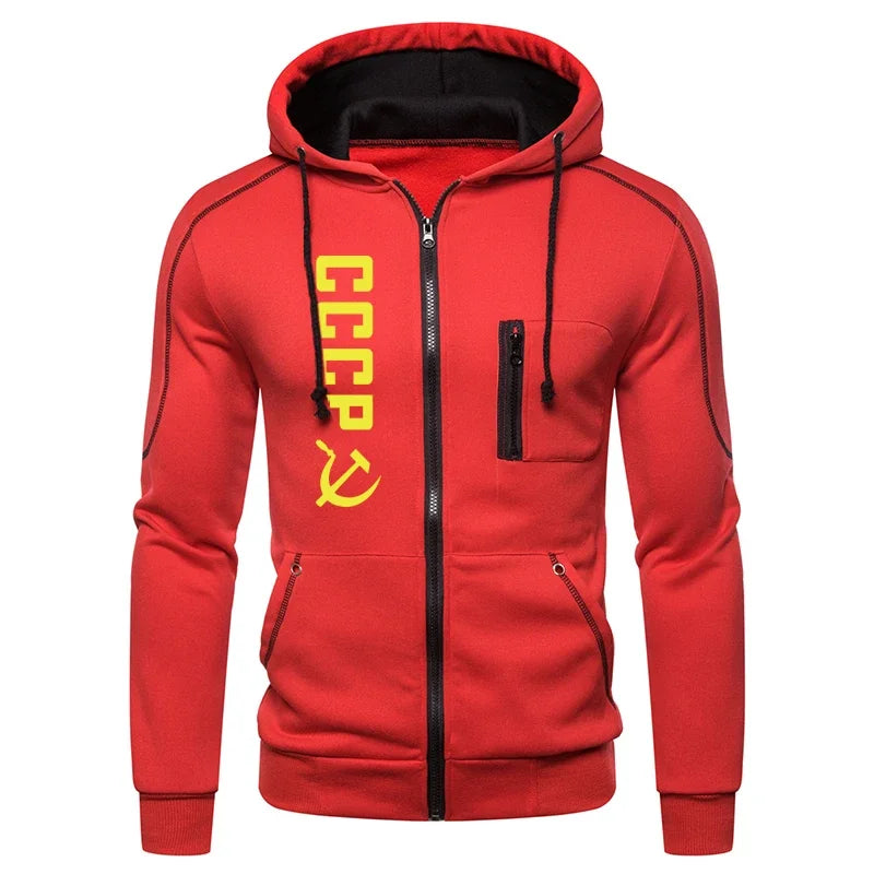 Autumn Winter Male Daily Casual Warm Fashion Hoodies CCCP Printed Men's Zipper Coats High Quality Hooded Long Sleeve Jacket