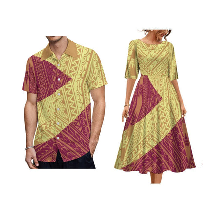 Tribal Clothing Polynesian Men Shirt Hawaiian Print Customized Large Round Neck Women Dress Couple Fashion Elegant Match