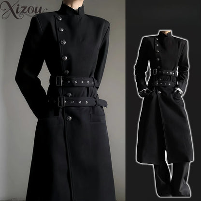 Black Belt Button Long Trench Coat Stand Collar Pad Shoulder Slim Fit Military Uniform  Cosplay Spring Autumn Unisex Men Women