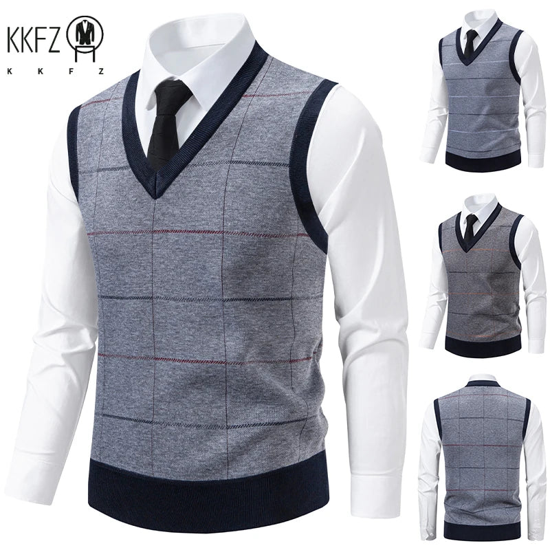 Men's V-Neck Knitted Sweater Diamond Grid Twisted Flower Casual Fashion Versatile Knit Top Autumn Winter