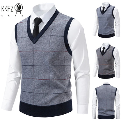 Men's V-Neck Knitted Sweater Diamond Grid Twisted Flower Casual Fashion Versatile Knit Top Autumn Winter