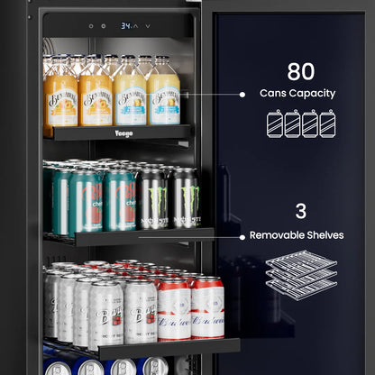 3.0 Cu Ft 80 Can Embedded Beverage Refrigerator Glass Door Mini Fridge Soda Beer Wine Cooler Home Office Bar Adjustable Shelves
