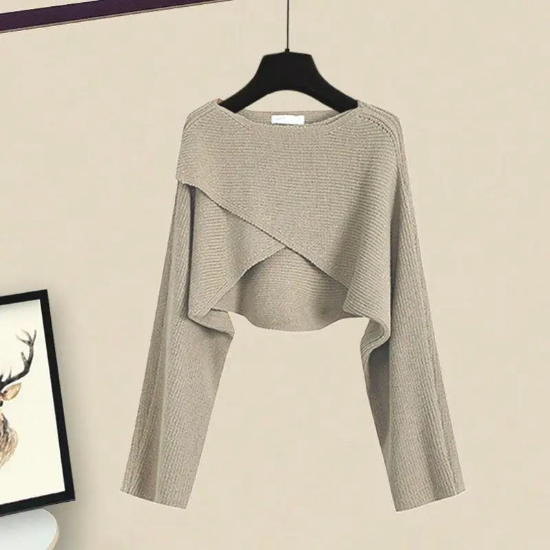 Spring and Autumn Set Women's 2023 New Korean Fashion Cross Knitted Sweater Age Reducing Sling Dress Two Piece Set