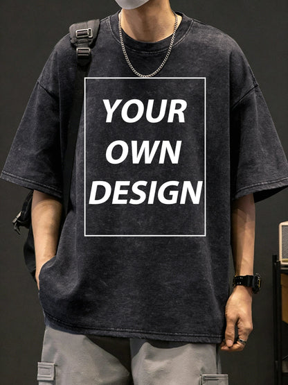 Mens Summer Personalized Pattern Custom Cotton Retro T-Shirts Korean Street Trendy Short Sleeve Breathable Daily Office Team Tee