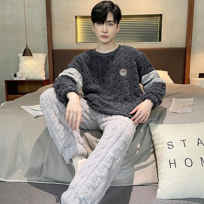 Men's Winter Jacquard Weave Flannel Pajamas Set Coral Fleece Cartoon Sleepwear Homewear Thick Warm Male Suit Fall Sweatshirt 5XL
