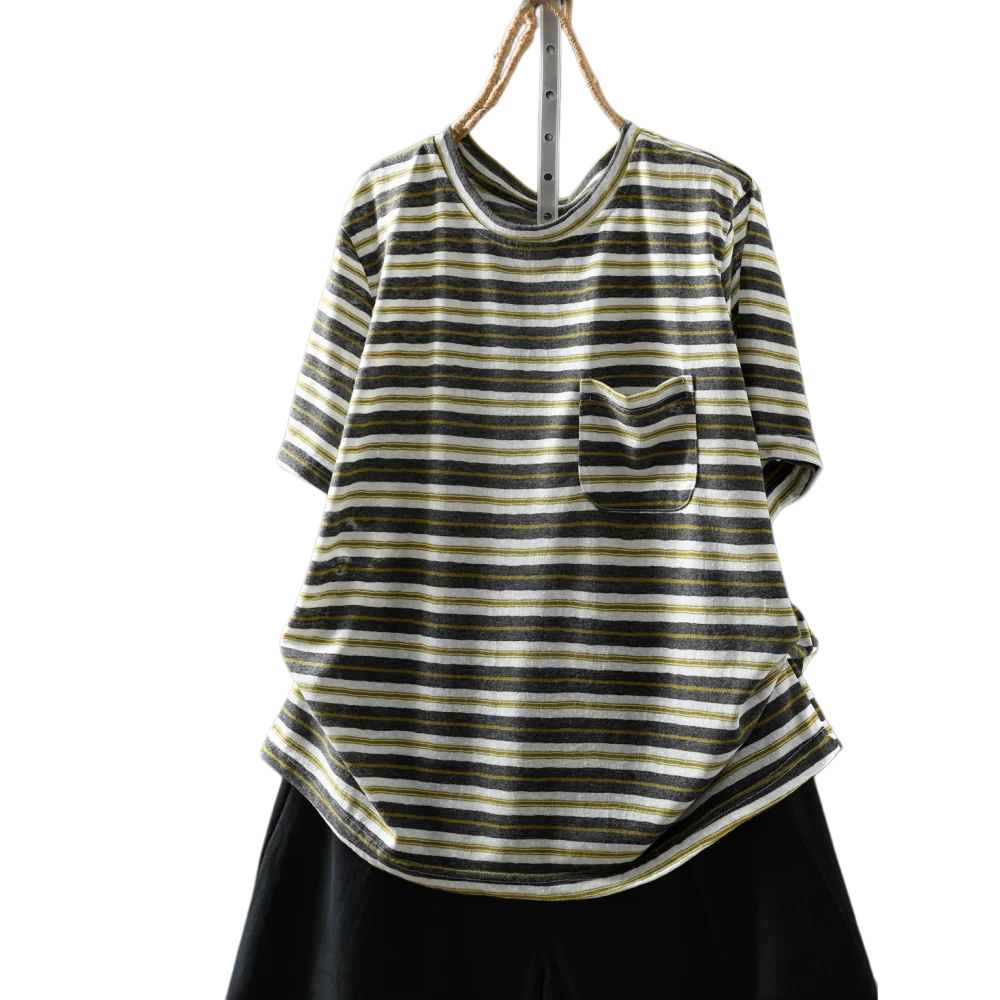Women Summer Short-sleeve T-shirt 2026 Summer New Stylish Striped Single-pocket Loose T-shirt ZXY154