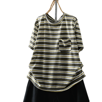 Women Summer Short-sleeve T-shirt 2026 Summer New Stylish Striped Single-pocket Loose T-shirt ZXY154