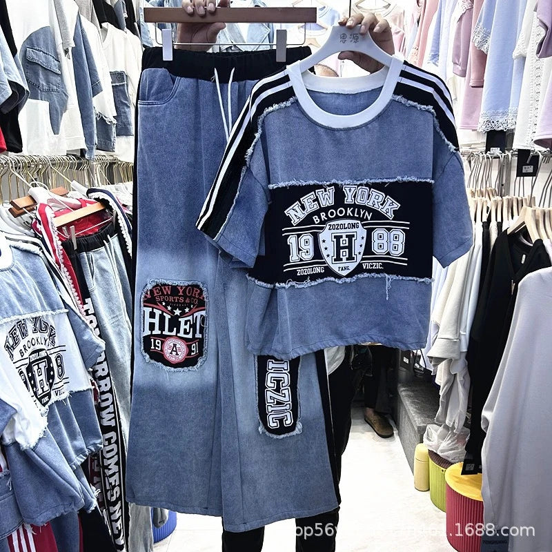 Fashionable Women Two-piece Sets Denim Splicing Letters Printed Loose Short Sleeve T-shirt Top+Elastic High Waist Straight Jeans