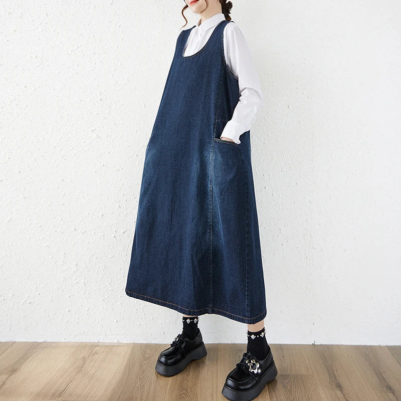 Artistic Loose Long Denim Vest Skirt Women's High Waist over Knee Slimming Cotton Casual Style Floral Embroidery Autumn Wear