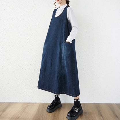 Artistic Loose Long Denim Vest Skirt Women's High Waist over Knee Slimming Cotton Casual Style Floral Embroidery Autumn Wear