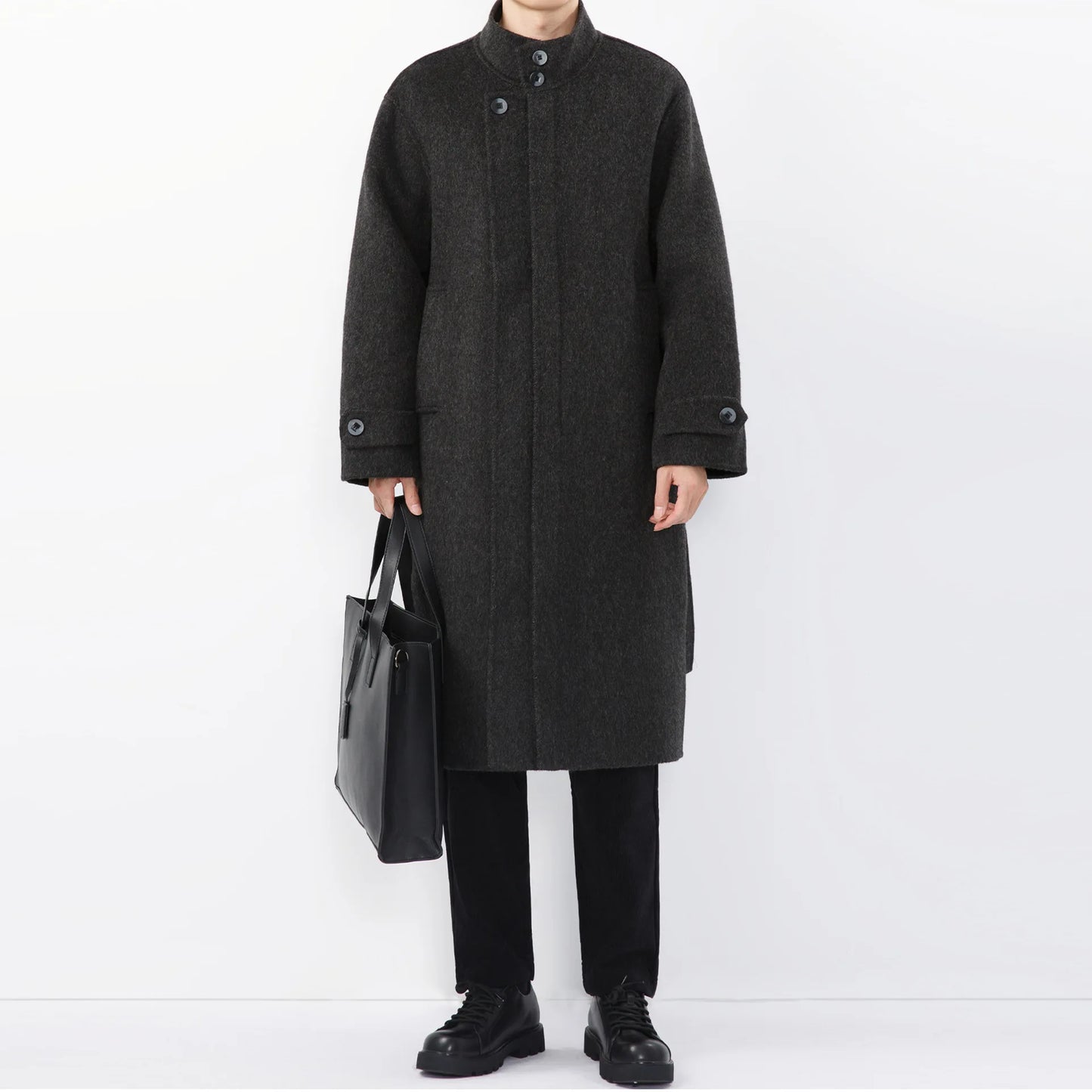 Men 100% Wool Light Autumn Winter Woolen Coat Long Collar Trench Coat