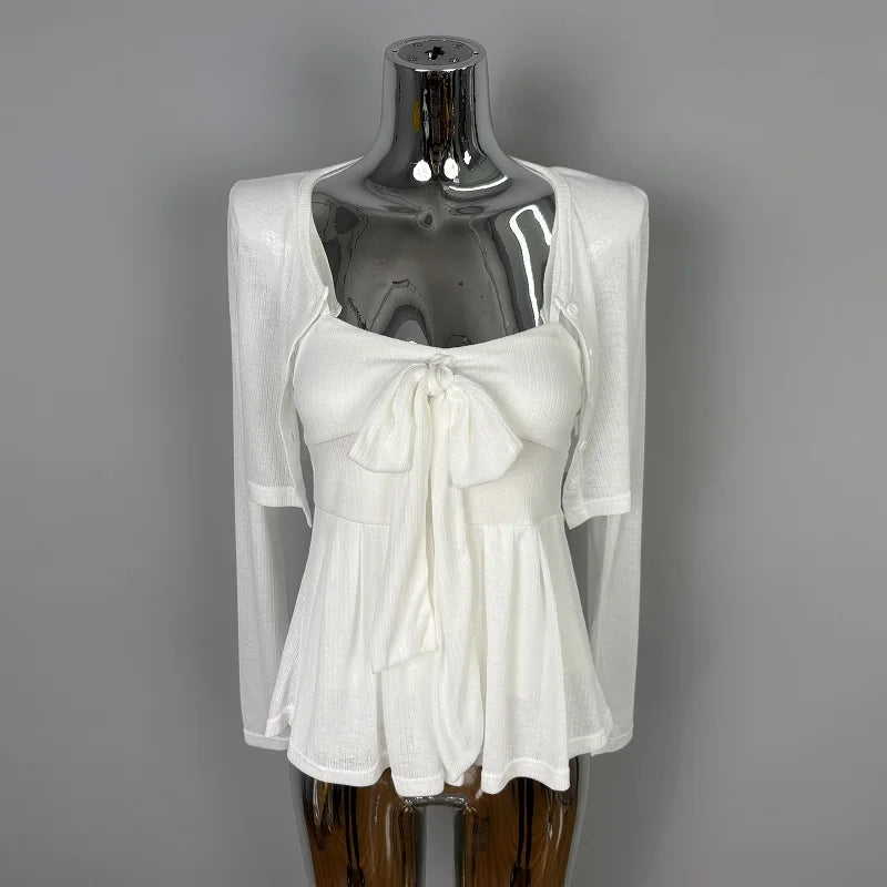 2026 Arrival Korea Dongdaemun Two Piece Set Sexy Slim Fit Bow Knot Tank Top+Elegant Solid Color Short Cardigan Women's Clothing