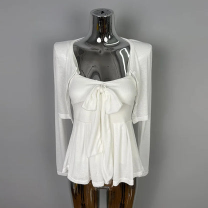 2026 Arrival Korea Dongdaemun Two Piece Set Sexy Slim Fit Bow Knot Tank Top+Elegant Solid Color Short Cardigan Women's Clothing