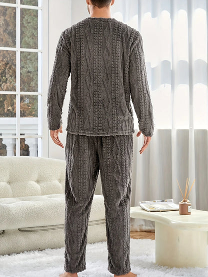 Autumn Season Men'S Long Retro Print Pajama Set, Perfect for Fall/Winter Casual Long Sleeve Button-Up Pajama Sets Nightwear Pjs