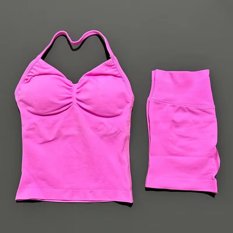 HISTELLO 2 Pieces Sports Set Women Yoga Longline Strap Top Scrunch Seamless Shorts Sport Gym Set Sportswear Workout Fitness Set