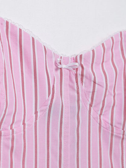 HH Women Striped Pants Suit Lapel Pocket Single-breasted Blouse+Side Zipper Lace Short Top+High Waist With Belt Poplin Pant